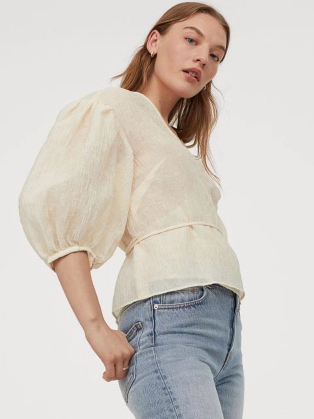 H&M Crinkled Textured Wrap-Over Blouse Voluminous Puff S-Sleeve Cream Women XXS